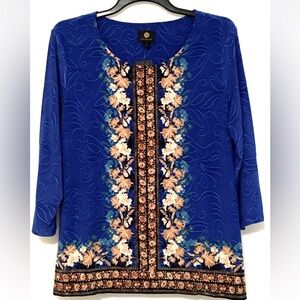 JM Collection Jacqaurd Petite PXL Lazulite Blue Combo 3/4 Sleeve Scoop Neck Top